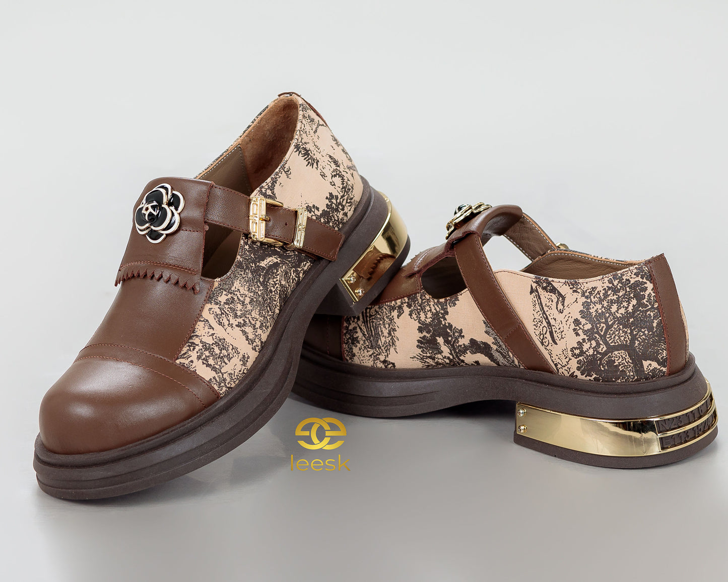 Floral buckle Mary Jane brown shoes(Nthabeleng)