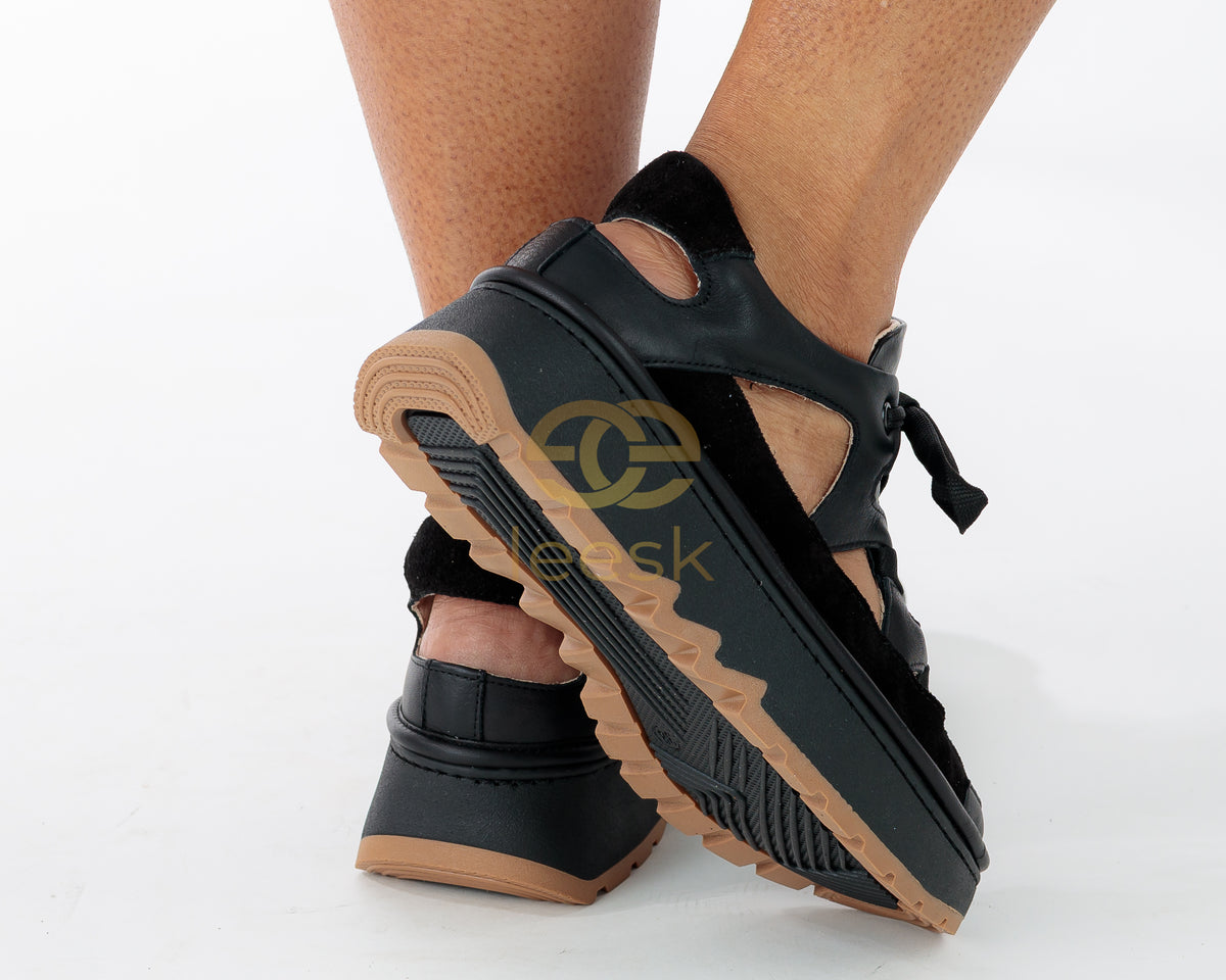 LEESK Noir Escape — Black Platform Sneaker Sandal