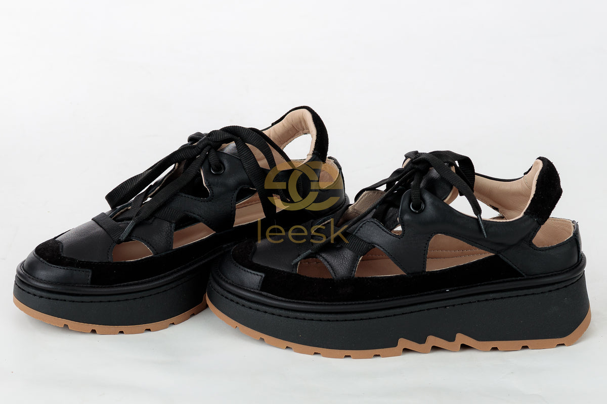 LEESK Noir Escape — Black Platform Sneaker Sandal
