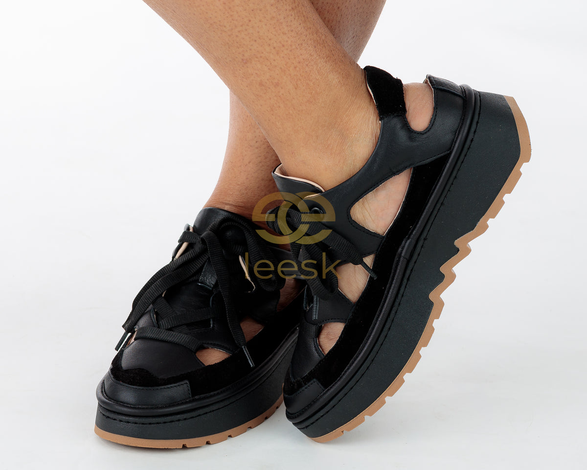 LEESK Noir Escape — Black Platform Sneaker Sandal