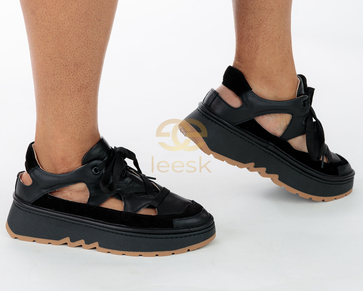 LEESK Noir Escape — Black Platform Sneaker Sandal