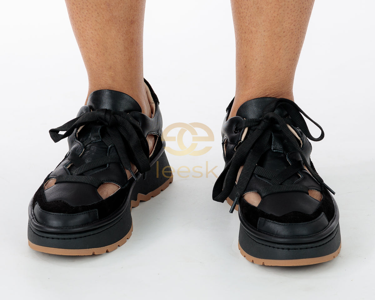 LEESK Noir Escape — Black Platform Sneaker Sandal