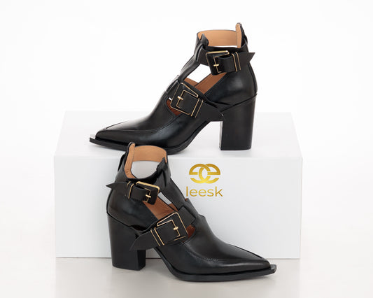 LEESK Double-Buckle Leather Ankle Boot