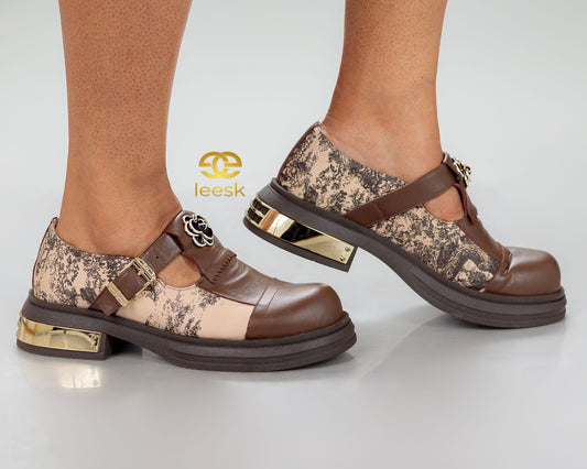 Floral buckle Mary Jane brown shoes(Nthabeleng)